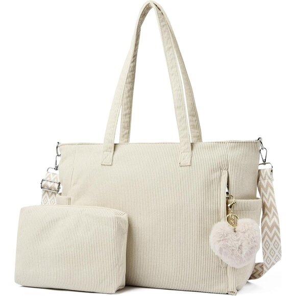 Women Beige Corduroy With Polyester Fiber Lining Shoulder Handbag with Pouch - Picture 1 of 8
